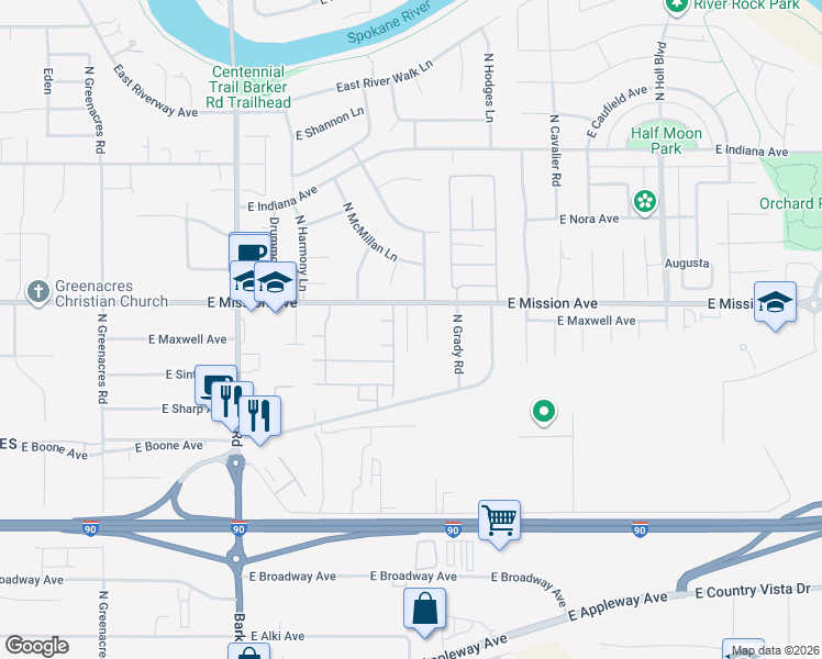 map of restaurants, bars, coffee shops, grocery stores, and more near 1530 North Michigan Lane in Spokane Valley