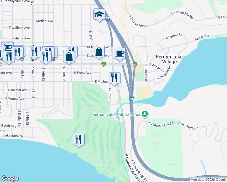 map of restaurants, bars, coffee shops, grocery stores, and more near 2304 East Mullan Avenue in Coeur d'Alene