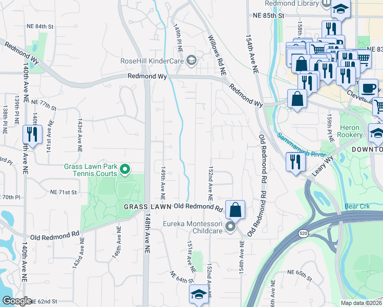 map of restaurants, bars, coffee shops, grocery stores, and more near 7508 151st Avenue Northeast in Redmond