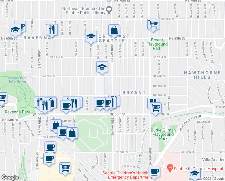 map of restaurants, bars, coffee shops, grocery stores, and more near 5714 35th Ave NE in Seattle