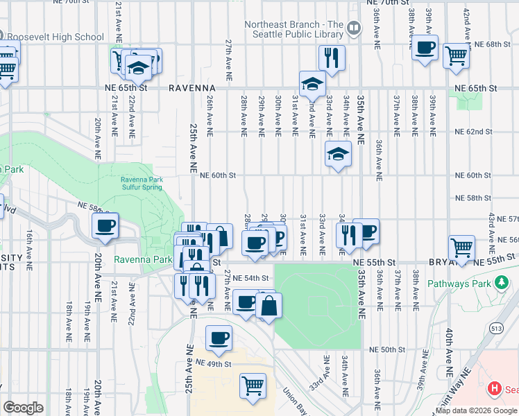 map of restaurants, bars, coffee shops, grocery stores, and more near 5737 29th Avenue Northeast in Seattle