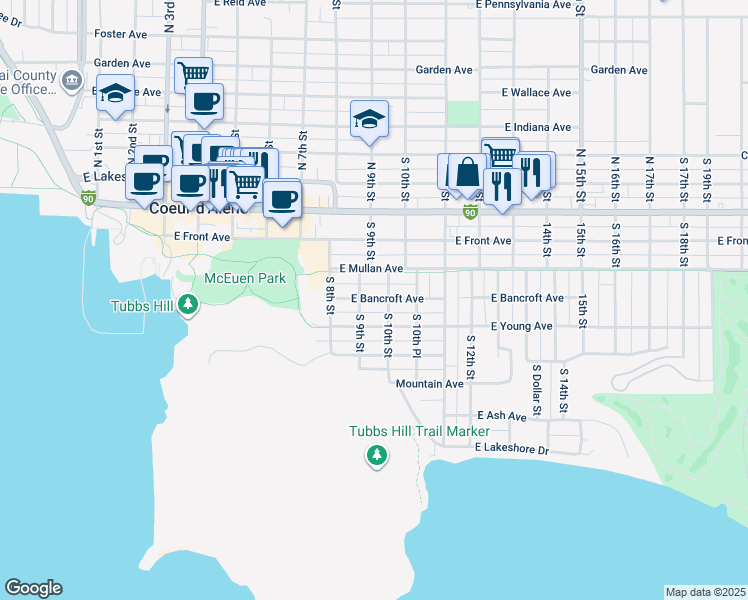 map of restaurants, bars, coffee shops, grocery stores, and more near 922 East Mullan Avenue in Coeur d'Alene
