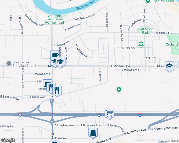map of restaurants, bars, coffee shops, grocery stores, and more near 1530 North Michigan Lane in Spokane Valley