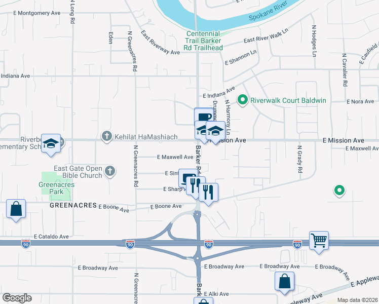 map of restaurants, bars, coffee shops, grocery stores, and more near 18615 East Mission Avenue in Spokane Valley