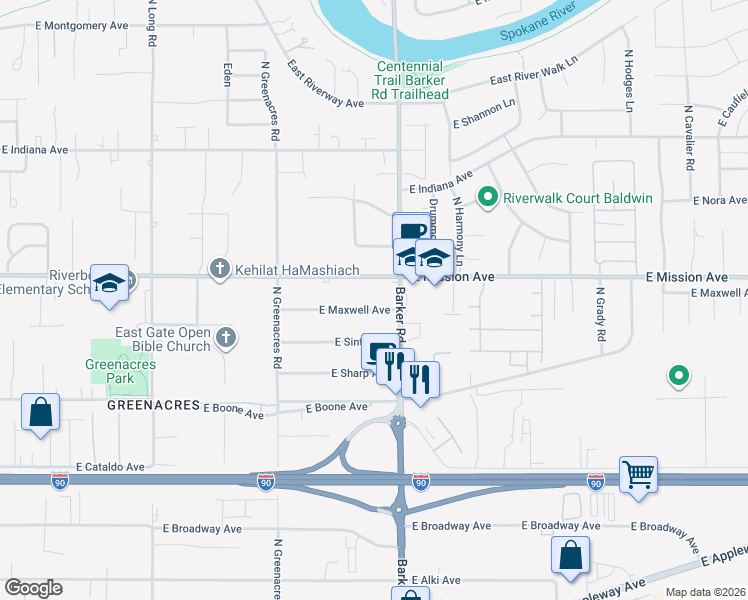 map of restaurants, bars, coffee shops, grocery stores, and more near 18615 East Mission Avenue in Spokane Valley