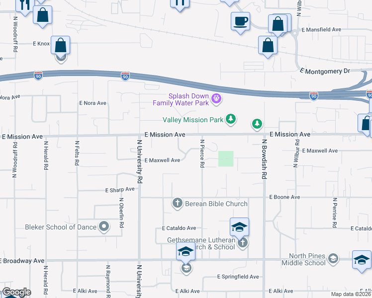 map of restaurants, bars, coffee shops, grocery stores, and more near 1523 North Glenn Road in Spokane Valley