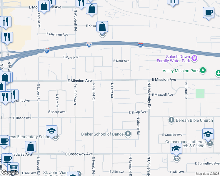 map of restaurants, bars, coffee shops, grocery stores, and more near 10222 East Mission Avenue in Spokane Valley