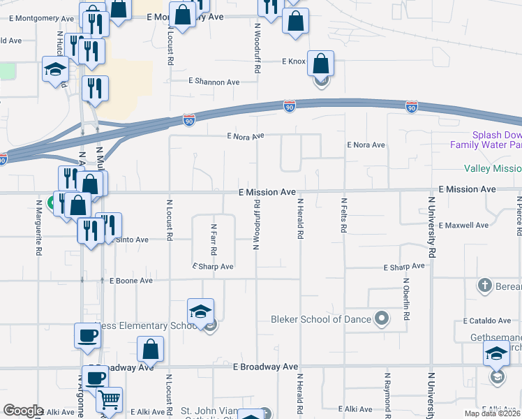 map of restaurants, bars, coffee shops, grocery stores, and more near 9902 East Mission Avenue in Spokane Valley