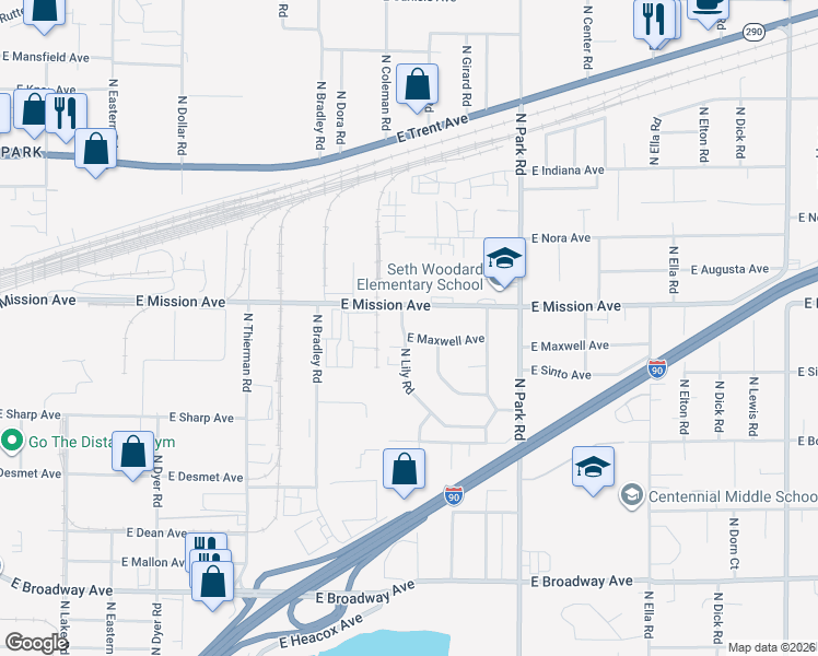 map of restaurants, bars, coffee shops, grocery stores, and more near 1521 North Lily Road in Spokane Valley