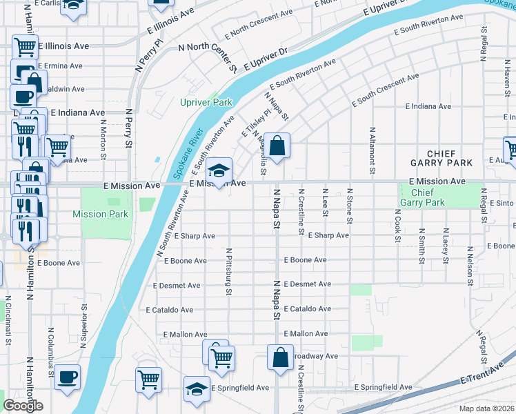 map of restaurants, bars, coffee shops, grocery stores, and more near 1902 East Mission Avenue in Spokane