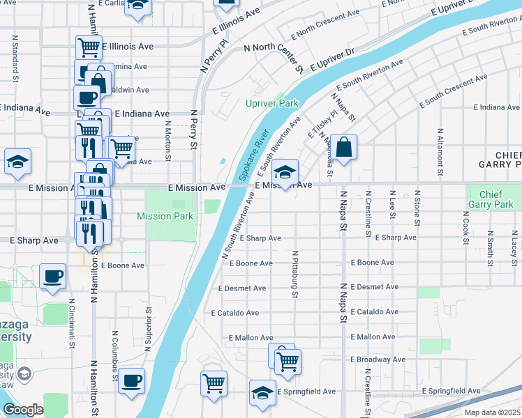 map of restaurants, bars, coffee shops, grocery stores, and more near 11 East Mission Avenue in Spokane