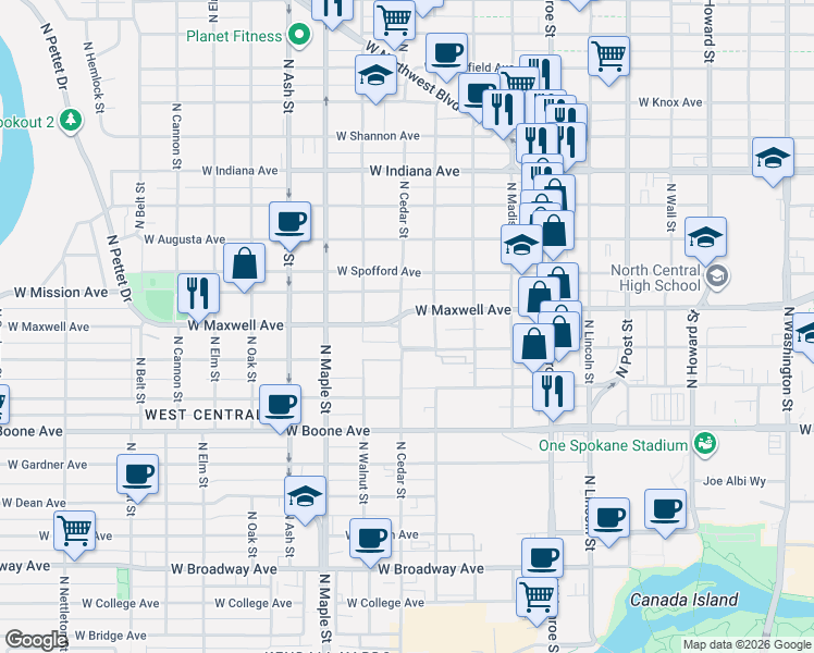 map of restaurants, bars, coffee shops, grocery stores, and more near 1314 West Maxwell Avenue in Spokane