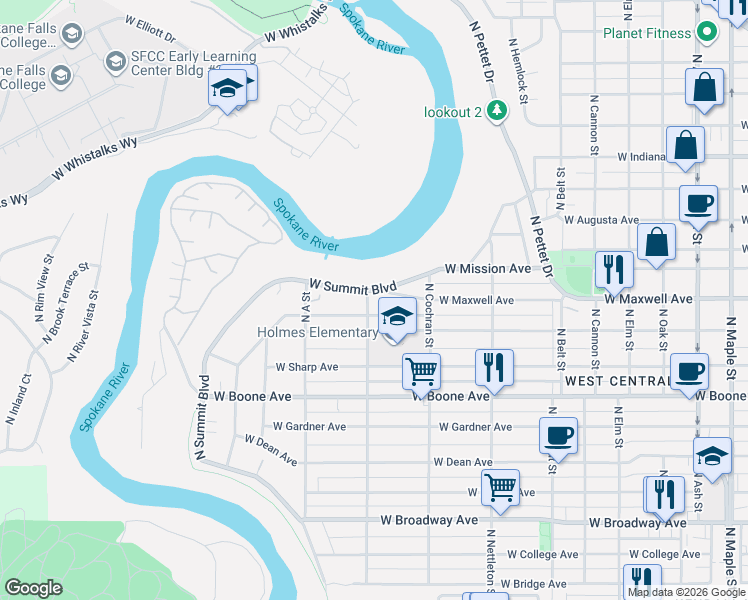 map of restaurants, bars, coffee shops, grocery stores, and more near 2500 West Summit Boulevard in Spokane