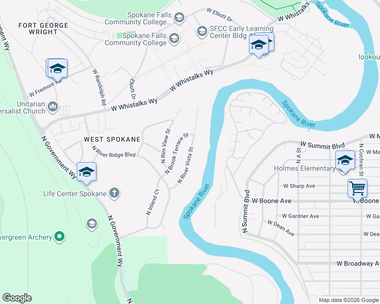 map of restaurants, bars, coffee shops, grocery stores, and more near 1516 North Brook Terrace Street in Spokane