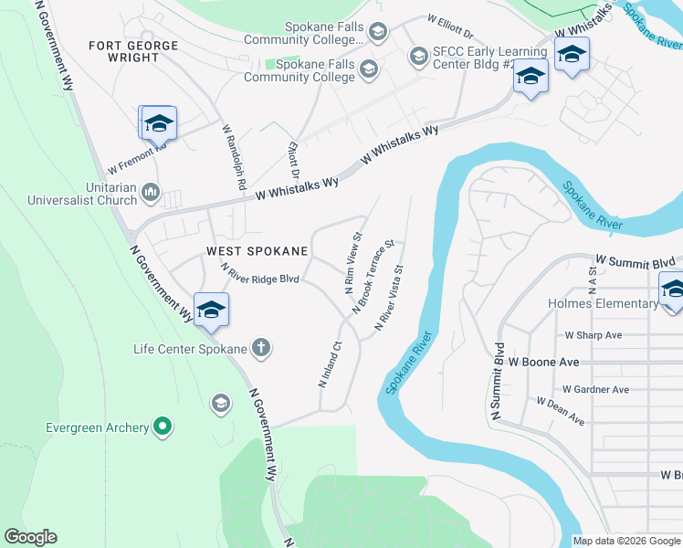 map of restaurants, bars, coffee shops, grocery stores, and more near 1512 North Rim View Street in Spokane