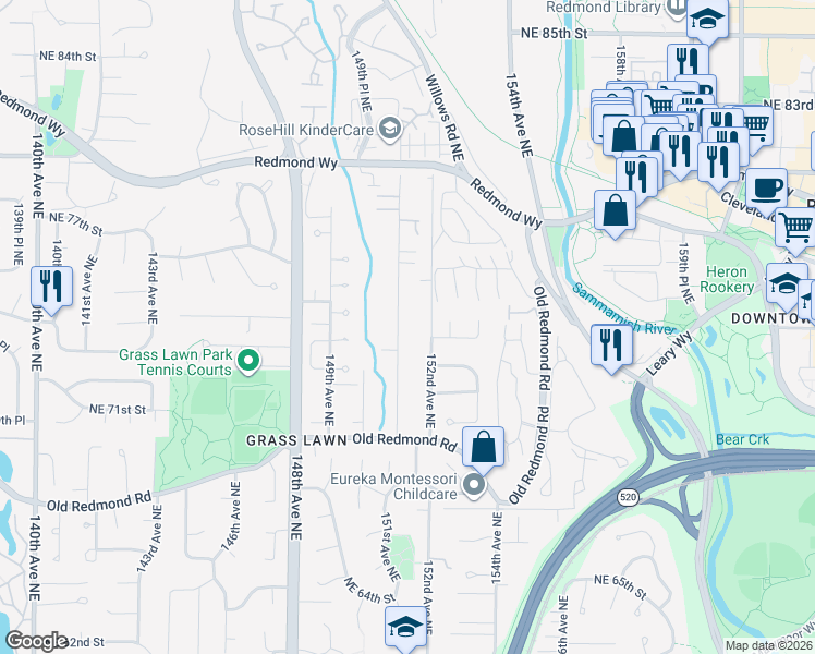 map of restaurants, bars, coffee shops, grocery stores, and more near 7508 151st Avenue Northeast in Redmond