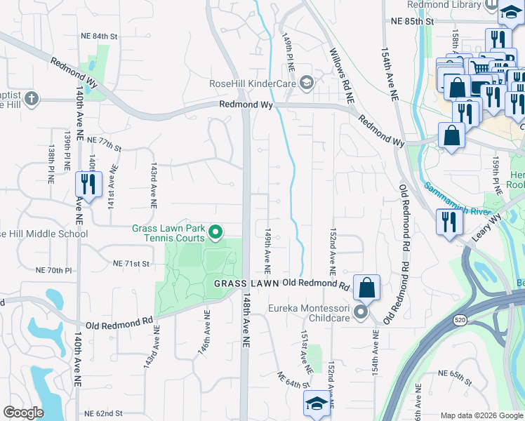map of restaurants, bars, coffee shops, grocery stores, and more near 14828 Northeast 75th Street in Redmond