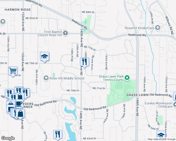 map of restaurants, bars, coffee shops, grocery stores, and more near 7432 140th Place Northeast in Redmond