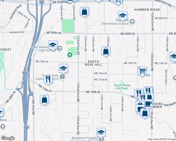 map of restaurants, bars, coffee shops, grocery stores, and more near in Kirkland
