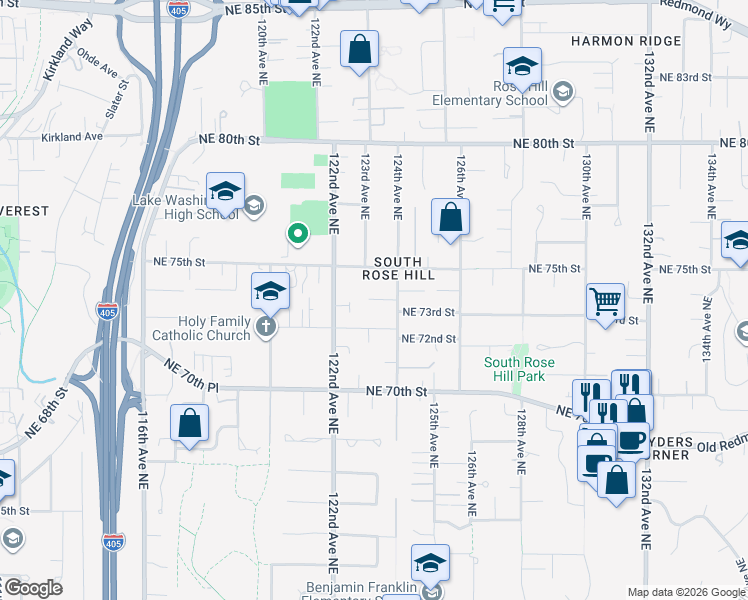 map of restaurants, bars, coffee shops, grocery stores, and more near in Kirkland