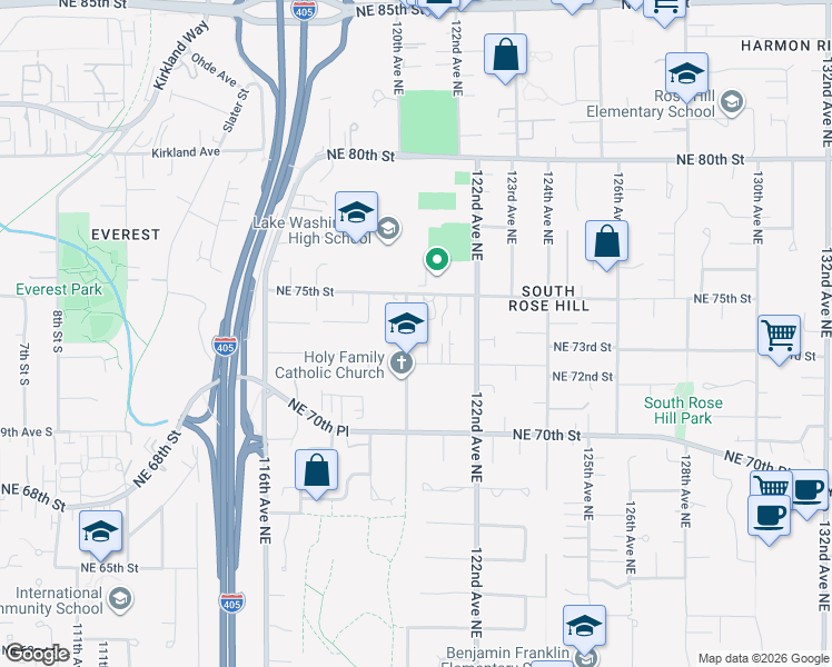 map of restaurants, bars, coffee shops, grocery stores, and more near 12017 Northeast 75th Street in Kirkland