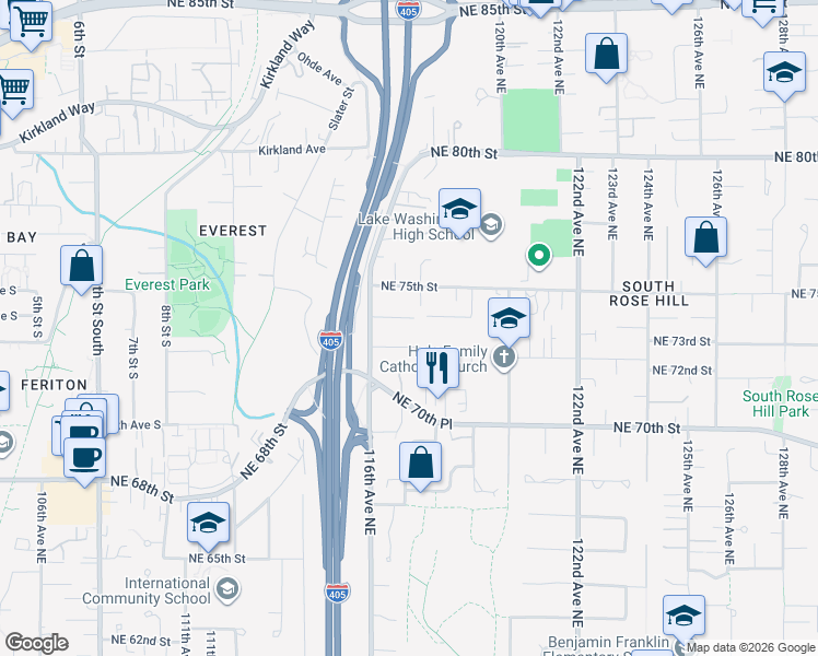 map of restaurants, bars, coffee shops, grocery stores, and more near 11637 Northeast 75th Street in Kirkland