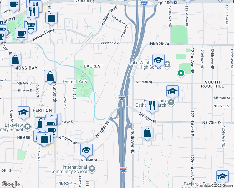 map of restaurants, bars, coffee shops, grocery stores, and more near 517 Slater Street South in Kirkland