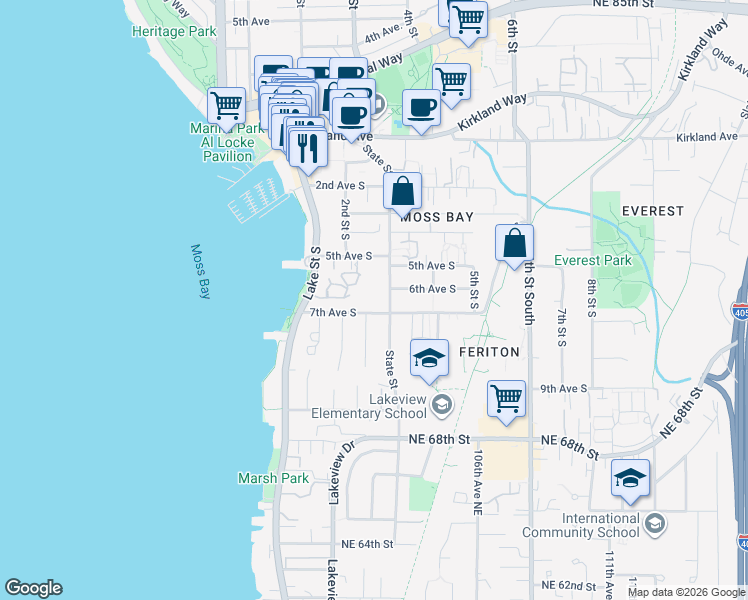 map of restaurants, bars, coffee shops, grocery stores, and more near 219 5th Avenue South in Kirkland