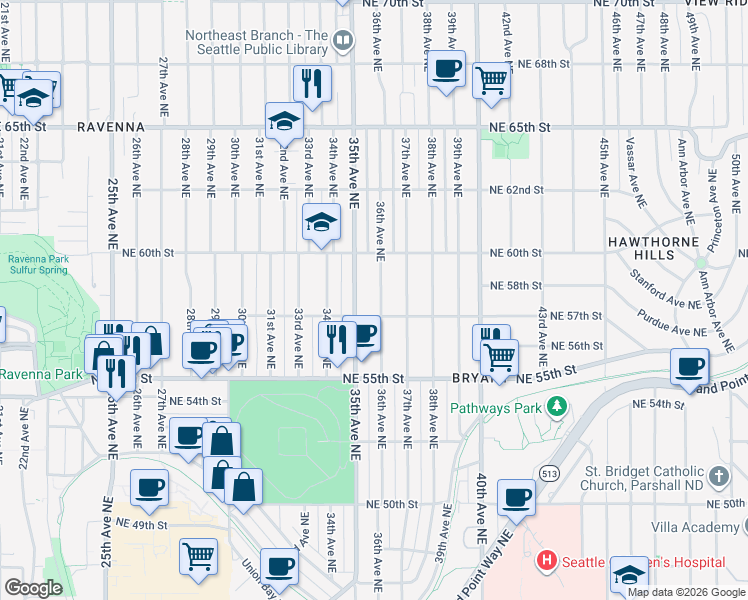 map of restaurants, bars, coffee shops, grocery stores, and more near 5740 36th Avenue Northeast in Seattle