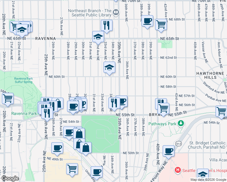 map of restaurants, bars, coffee shops, grocery stores, and more near 5737 35th Avenue Northeast in Seattle
