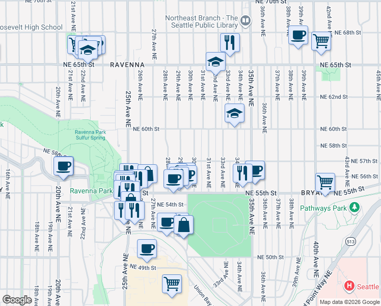 map of restaurants, bars, coffee shops, grocery stores, and more near 5736 30th Avenue Northeast in Seattle