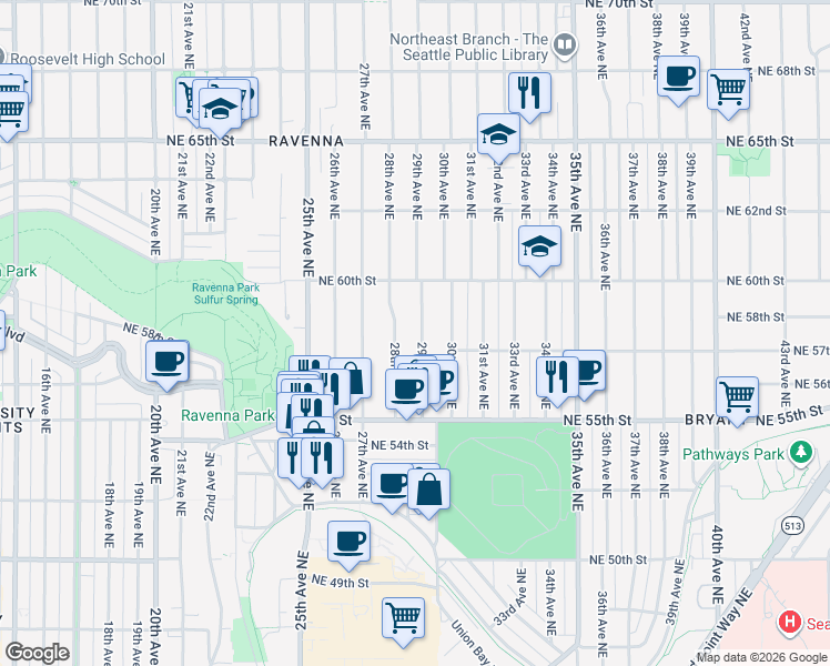 map of restaurants, bars, coffee shops, grocery stores, and more near 5737 29th Avenue Northeast in Seattle
