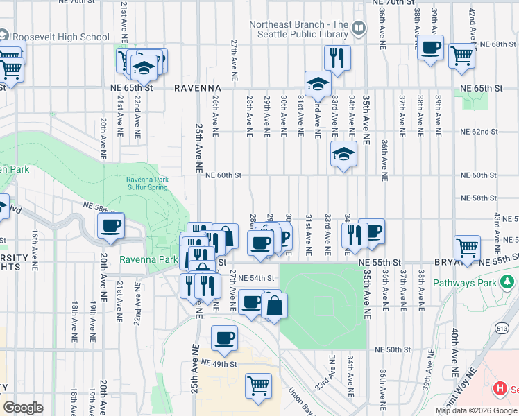 map of restaurants, bars, coffee shops, grocery stores, and more near 5737 29th Avenue Northeast in Seattle
