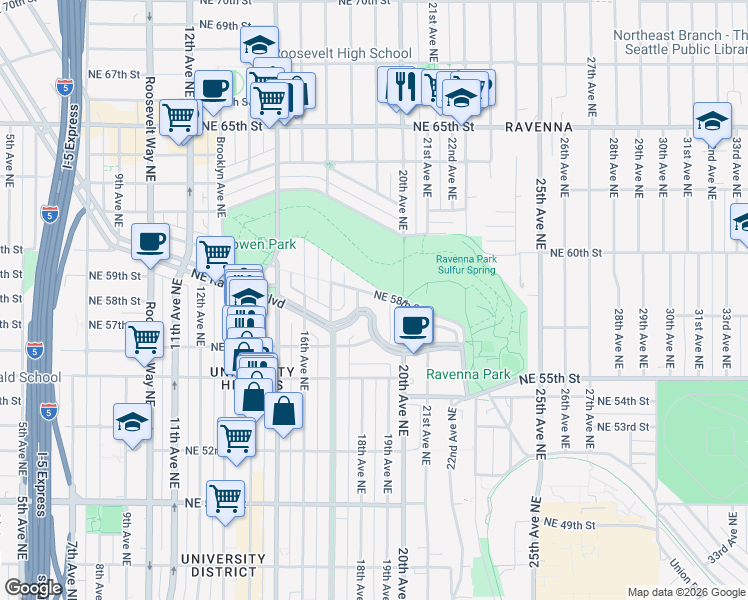 map of restaurants, bars, coffee shops, grocery stores, and more near 1726 Northeast 58th Street in Seattle
