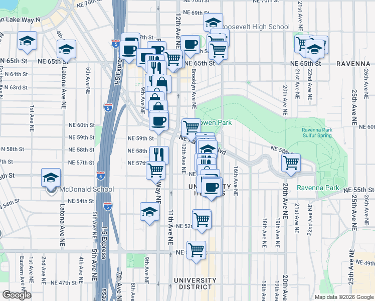 map of restaurants, bars, coffee shops, grocery stores, and more near 1228 Northeast Ravenna Boulevard in Seattle