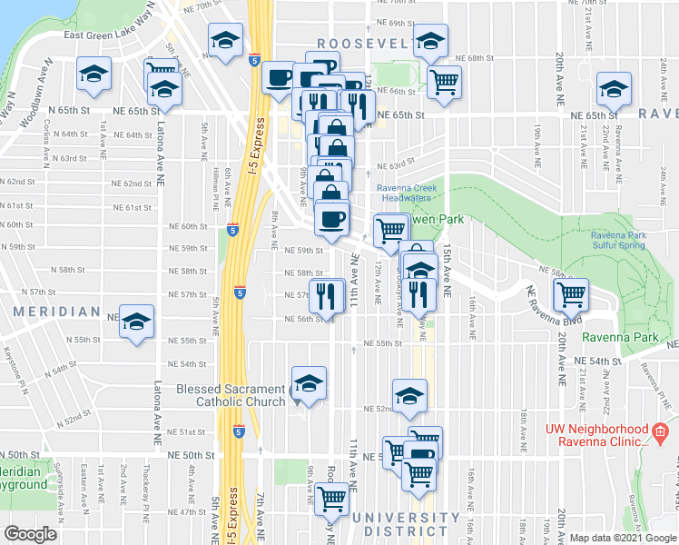map of restaurants, bars, coffee shops, grocery stores, and more near 5826 Roosevelt Way Northeast in Seattle