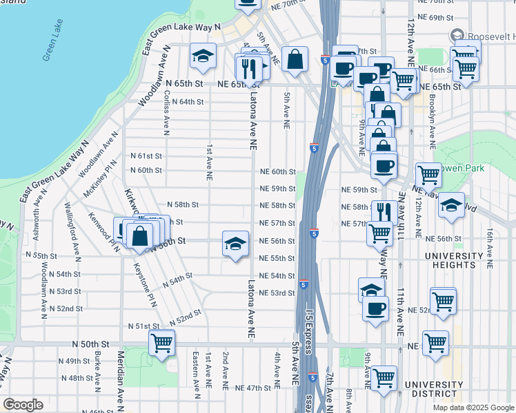 map of restaurants, bars, coffee shops, grocery stores, and more near 311 Northeast 59th Street in Seattle