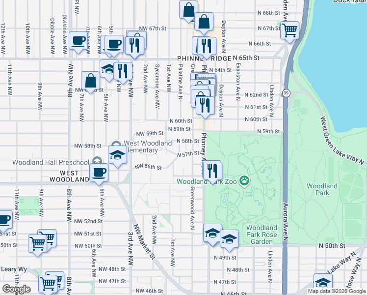 map of restaurants, bars, coffee shops, grocery stores, and more near 128 North 58th Street in Seattle
