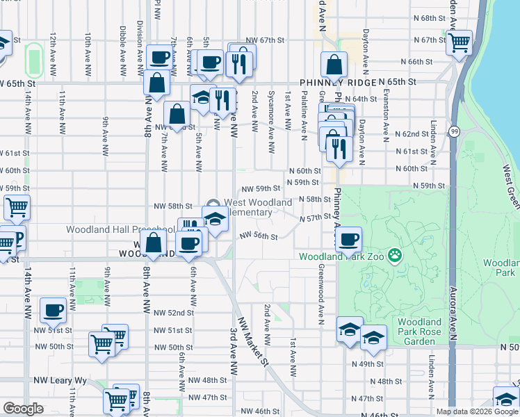 map of restaurants, bars, coffee shops, grocery stores, and more near 204 Northwest 58th Street in Seattle
