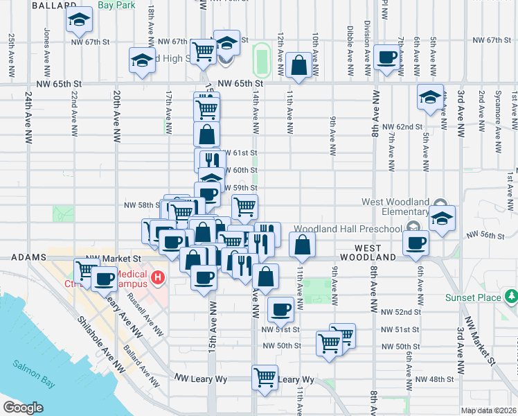 map of restaurants, bars, coffee shops, grocery stores, and more near 5816 14th Avenue Northwest in Seattle