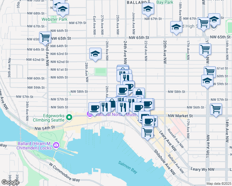 map of restaurants, bars, coffee shops, grocery stores, and more near 2441 Northwest 59th Street in Seattle
