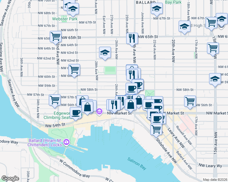 map of restaurants, bars, coffee shops, grocery stores, and more near 2617 Northwest 59th Street in Seattle