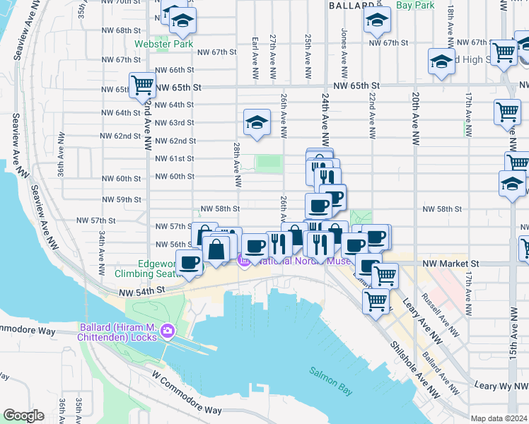 map of restaurants, bars, coffee shops, grocery stores, and more near 2617 Northwest 59th Street in Seattle