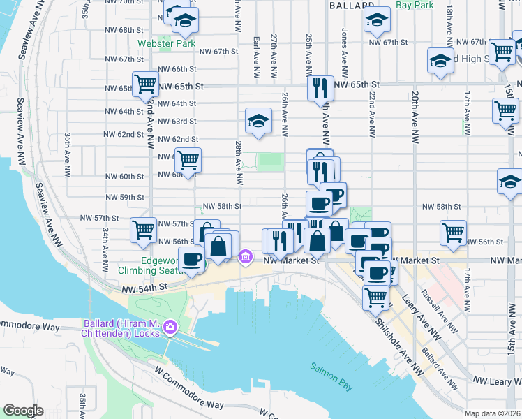 map of restaurants, bars, coffee shops, grocery stores, and more near 2617 Northwest 59th Street in Seattle