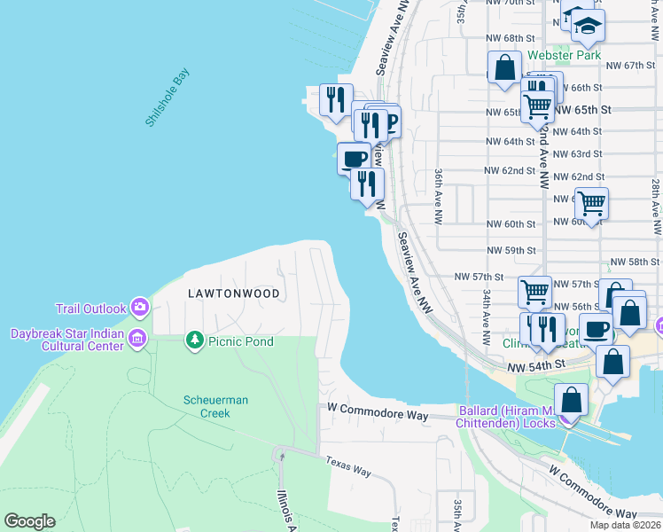 map of restaurants, bars, coffee shops, grocery stores, and more near 5662 39th Avenue West in Seattle