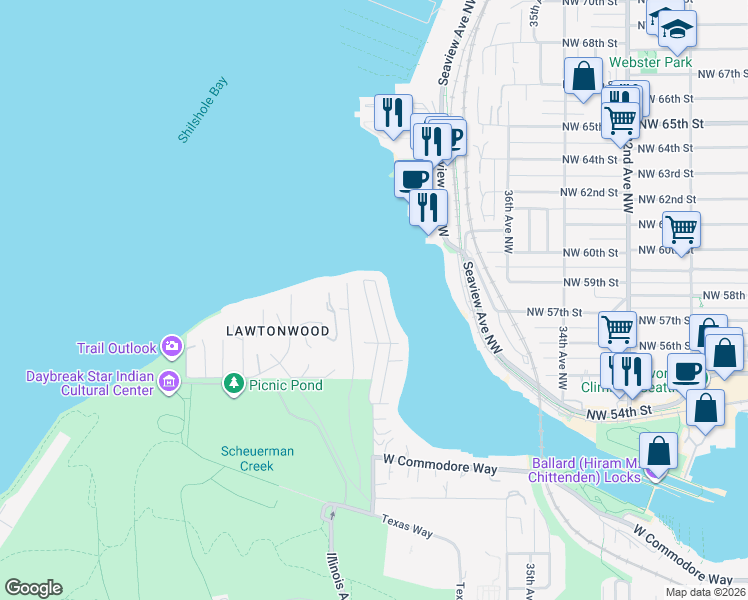 map of restaurants, bars, coffee shops, grocery stores, and more near 5662 39th Avenue West in Seattle