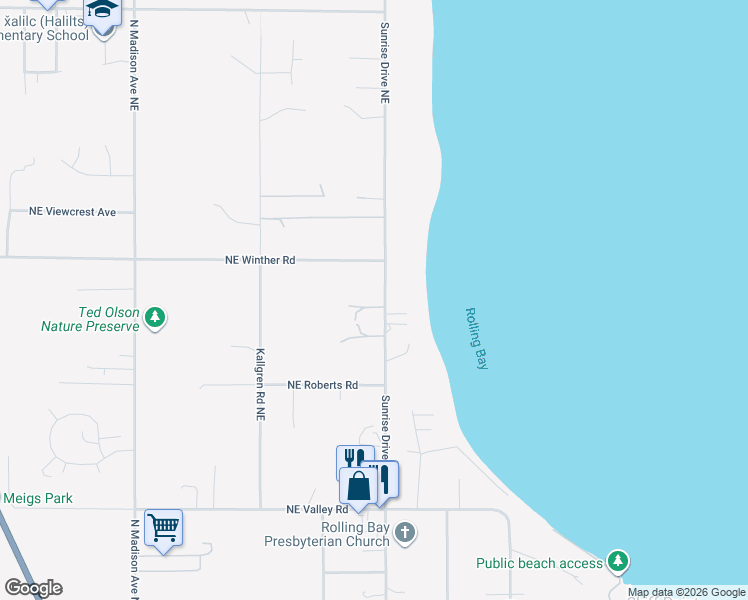 map of restaurants, bars, coffee shops, grocery stores, and more near 11955 Sunrise Drive Northeast in Bainbridge Island