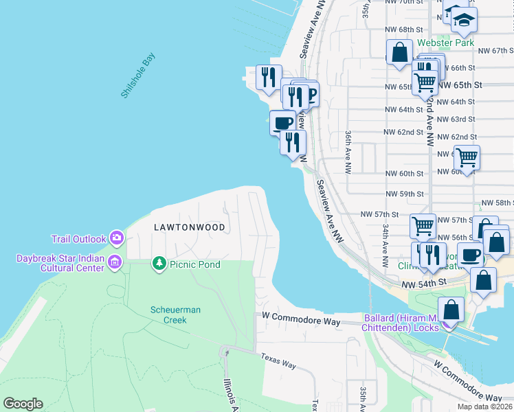 map of restaurants, bars, coffee shops, grocery stores, and more near 5642 40th Avenue West in Seattle