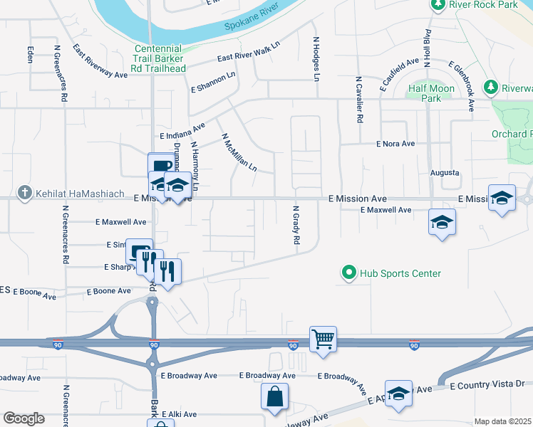 map of restaurants, bars, coffee shops, grocery stores, and more near 1530 North Michigan Lane in Spokane Valley