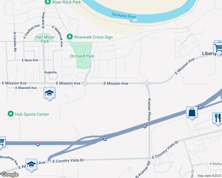 map of restaurants, bars, coffee shops, grocery stores, and more near 20672 East Mission Avenue in Liberty Lake